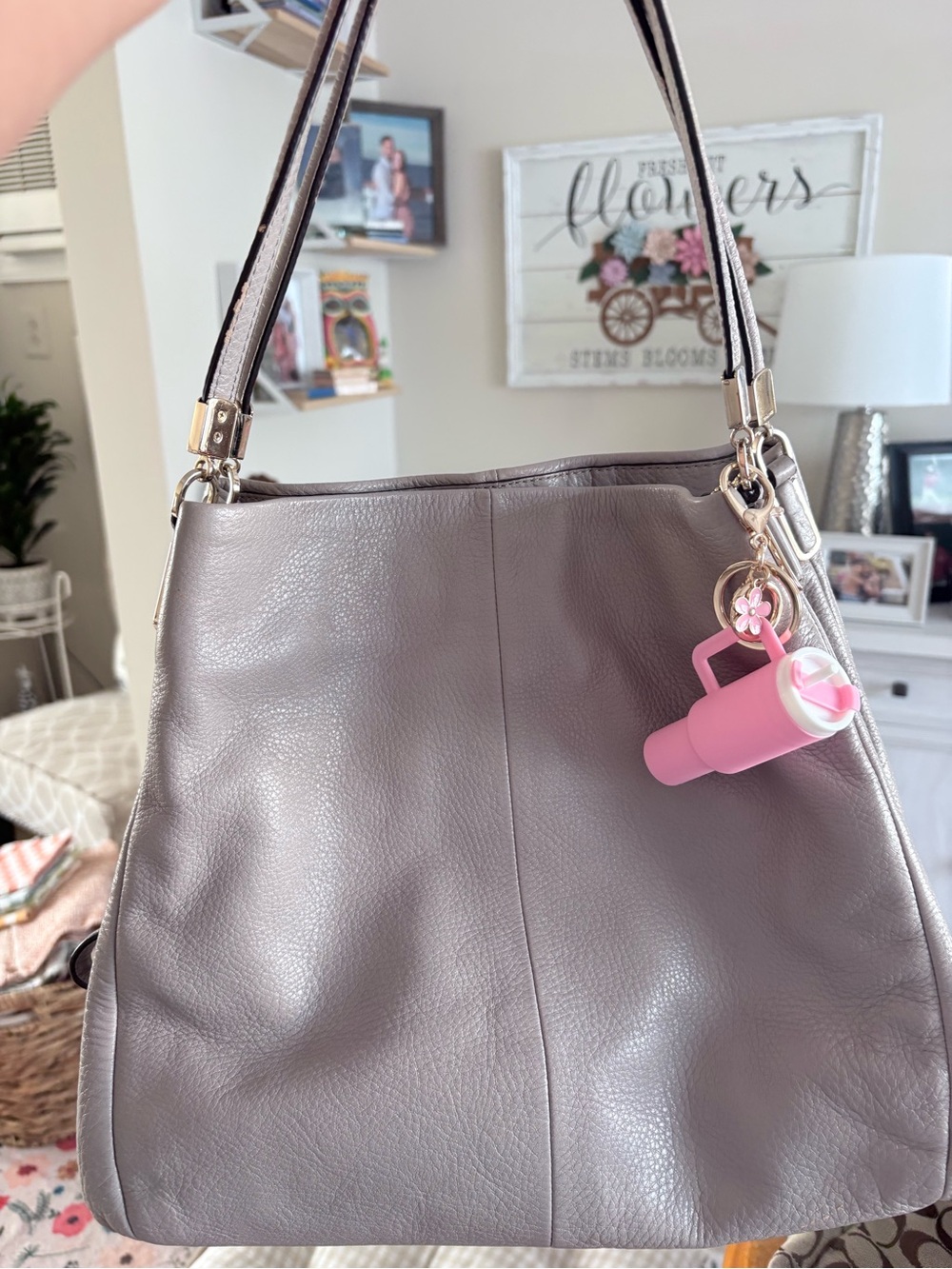 Coach Taupe Leather Shoulder Bag with Pink Charm Bottle Holder